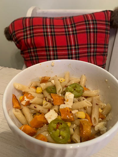 Spicy Brown Butter Feta Cheese Pasta with Roasted Sweet Potatoes