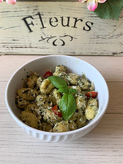 Pesto Gnocchi with Cherry Tomatoes and Goat Cheese